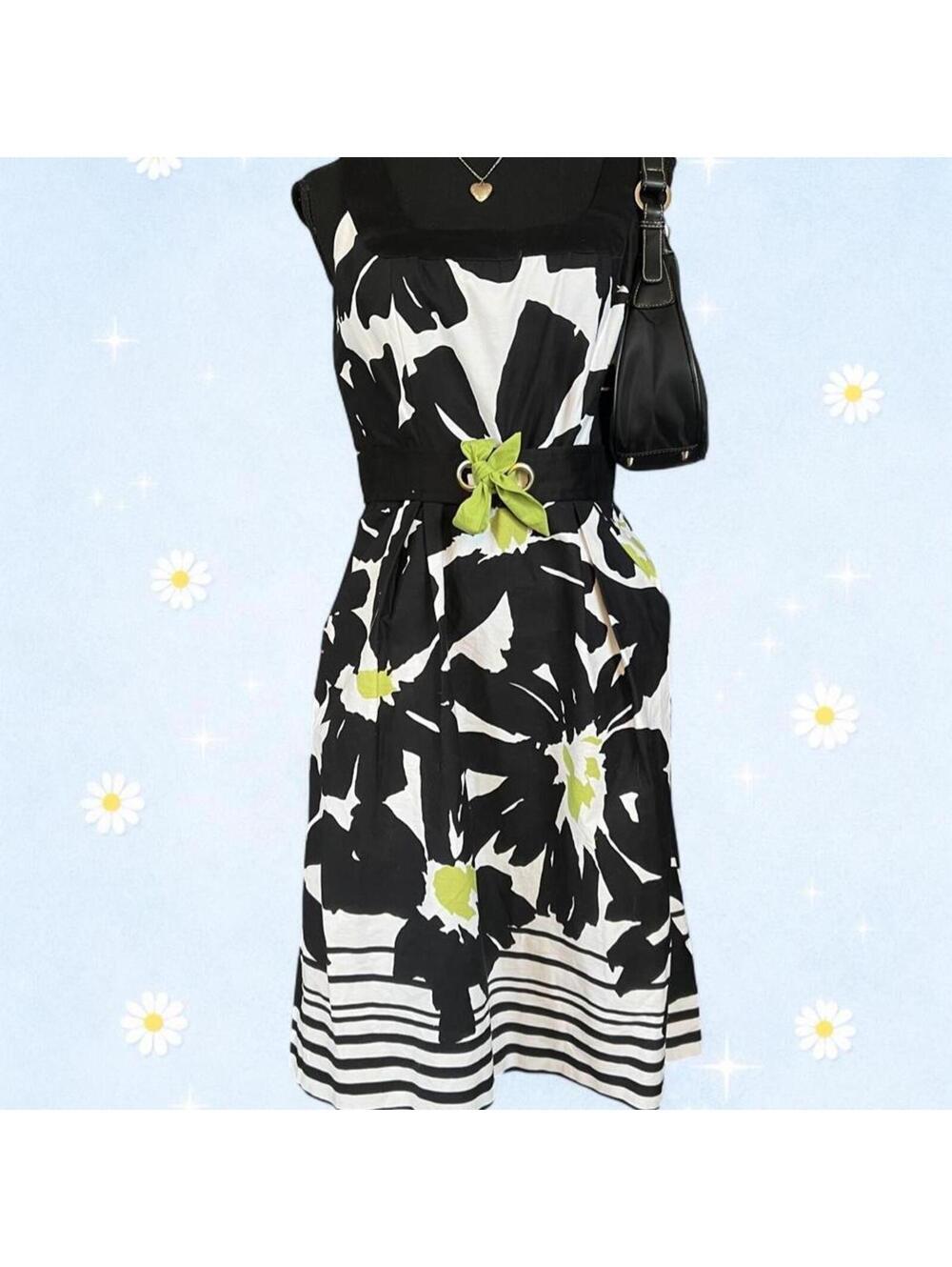 Vintage Y2K Coastal Soft Girl Black White Floral Midi Dress Size 6 🖤